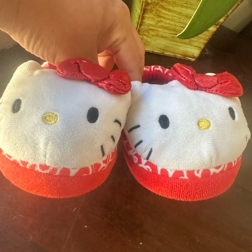 Hello Kitty Red and White Plush Kids Slippers with Bow